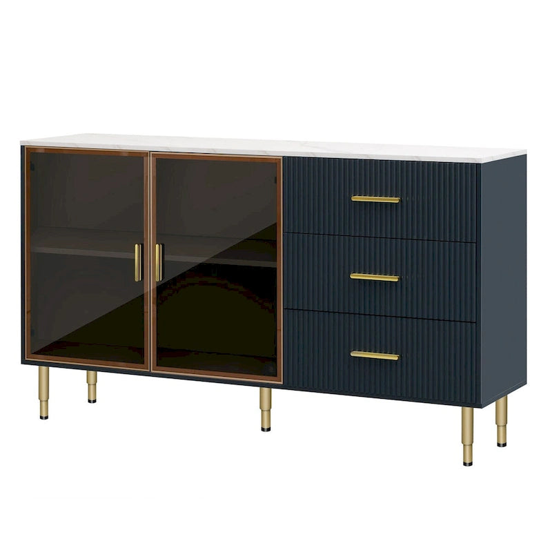 Modern Dressoir Buffetkast met Glazen Deuren, 3 Lades en Goudkleurige Metalen Poten