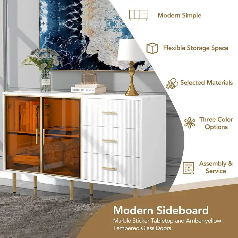 Modern Dressoir Buffetkast met Glazen Deuren, 3 Lades en Goudkleurige Metalen Poten
