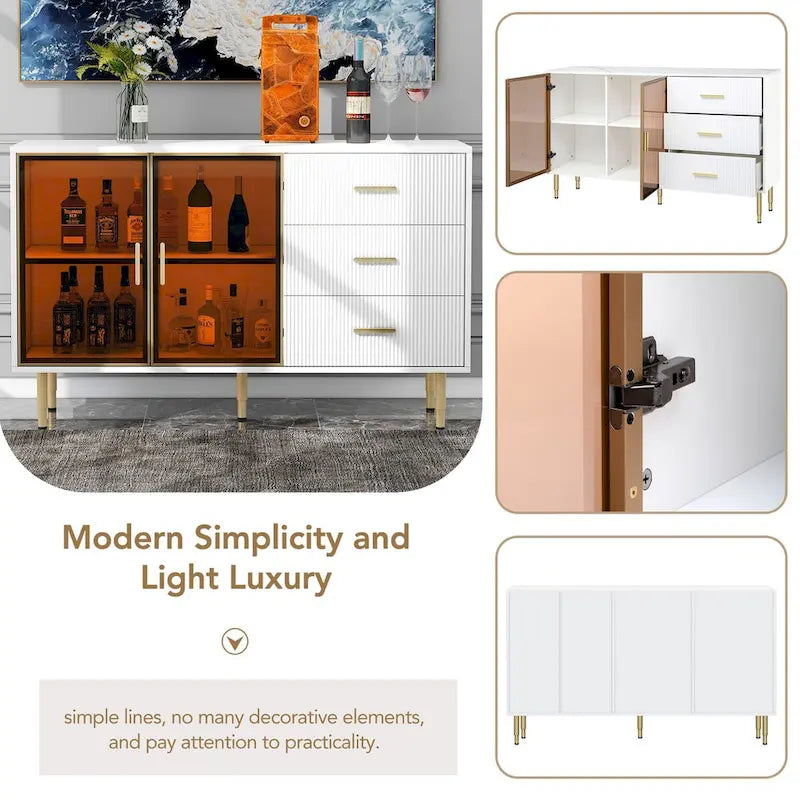 Modern Dressoir Buffetkast met Glazen Deuren, 3 Lades en Goudkleurige Metalen Poten