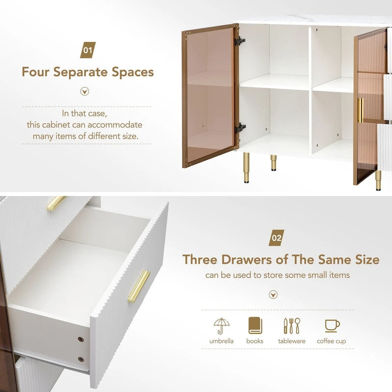 Modern Dressoir Buffetkast met Glazen Deuren, 3 Lades en Goudkleurige Metalen Poten
