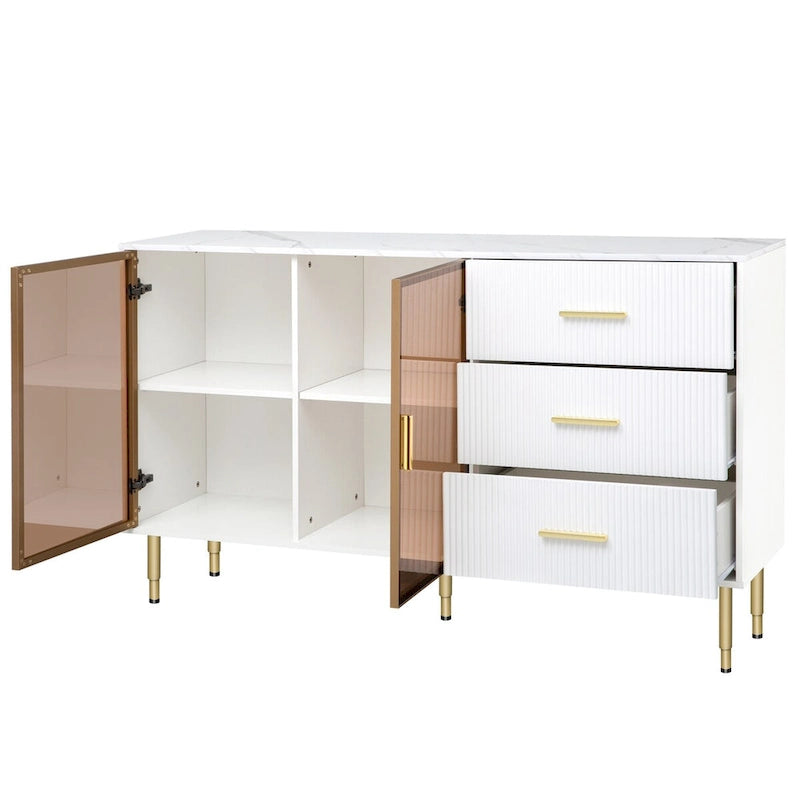 Modern Dressoir Buffetkast met Glazen Deuren, 3 Lades en Goudkleurige Metalen Poten