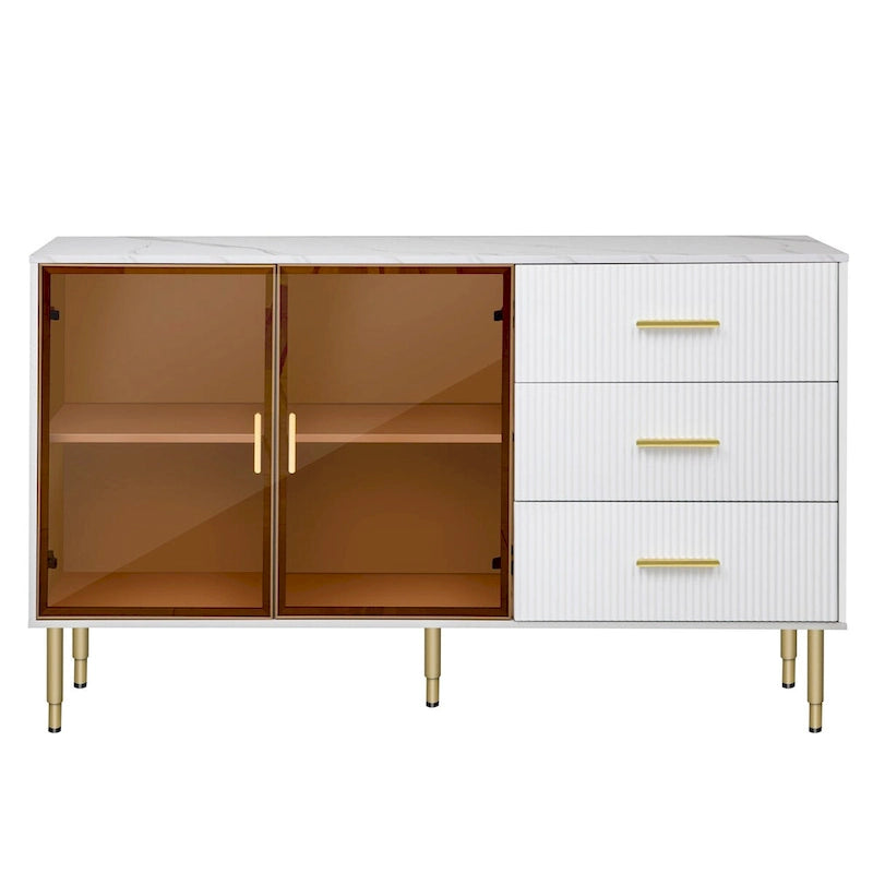 Modern Dressoir Buffetkast met Glazen Deuren, 3 Lades en Goudkleurige Metalen Poten