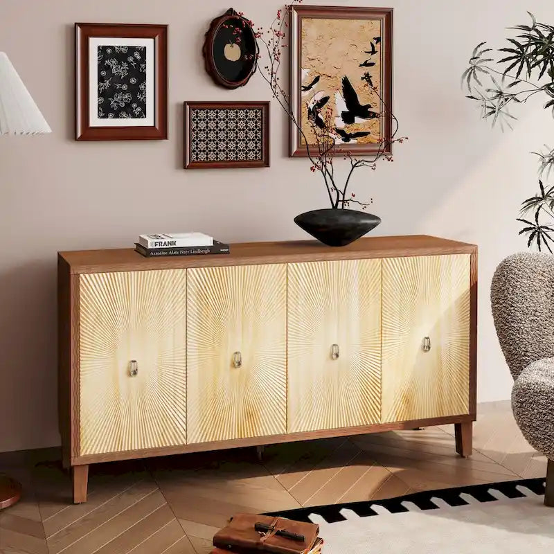 4-Door Carved Buffet Sideboard Cabinet with Adjustable Shelves - 220 lb Capacity