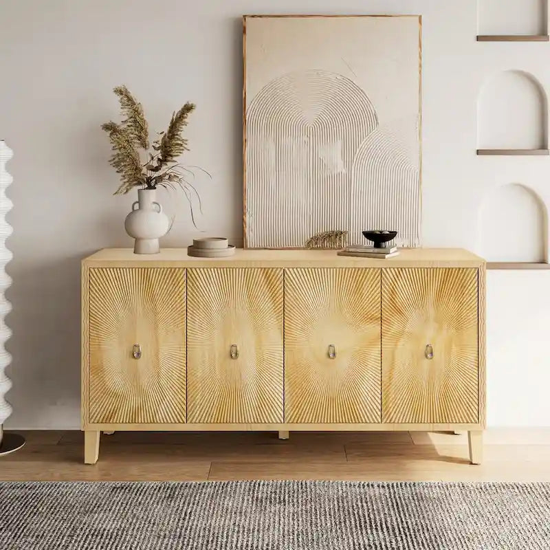 4-Door Carved Buffet Sideboard Cabinet with Adjustable Shelves - 220 lb Capacity