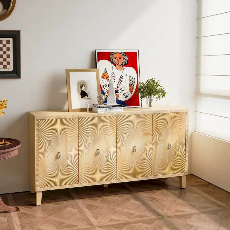 4-Door Carved Buffet Sideboard Cabinet with Adjustable Shelves - 220 lb Capacity