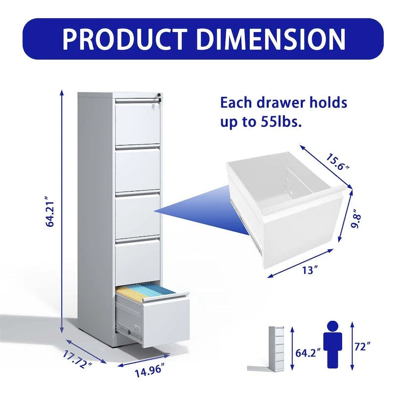 5-Drawer Vertical Steel File Cabinet with Lock for Home and Office