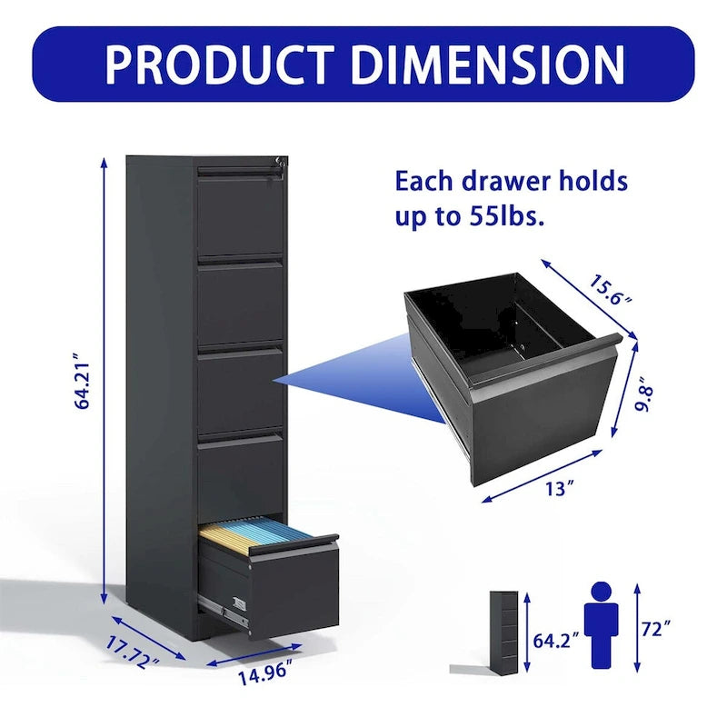 5-Drawer Vertical Steel File Cabinet with Lock for Home and Office