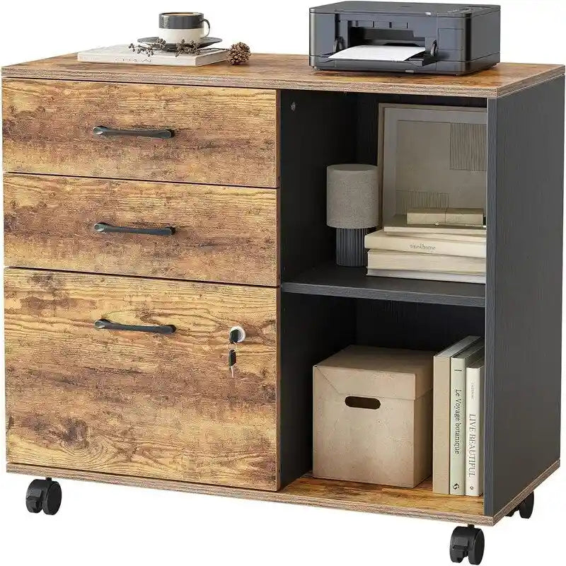3-Drawer Mobile File Cabinet with Open Shelves and Printer Stand - 31.5W x 14.2D x 25.4H
