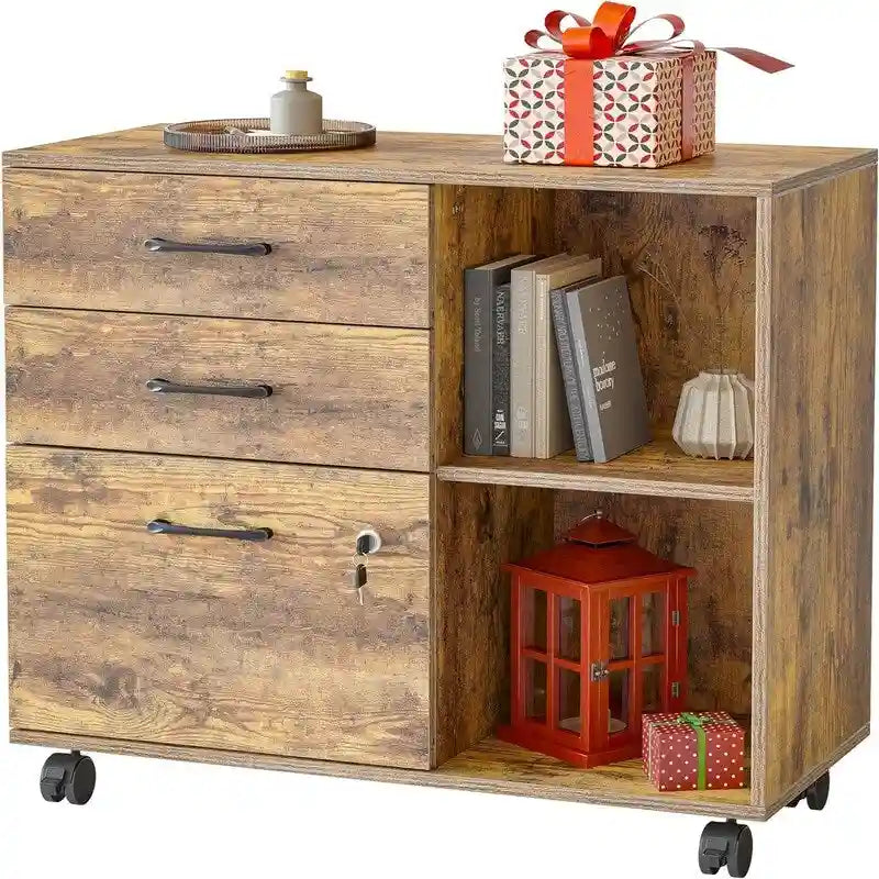 3-Drawer Mobile File Cabinet with Open Shelves and Printer Stand - 31.5W x 14.2D x 25.4H