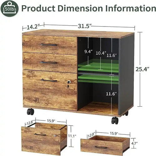 Mobiele Archiefkast met 3 Lades, Open Schappen en Printerstandaard - 80W x 36D x 64.5H