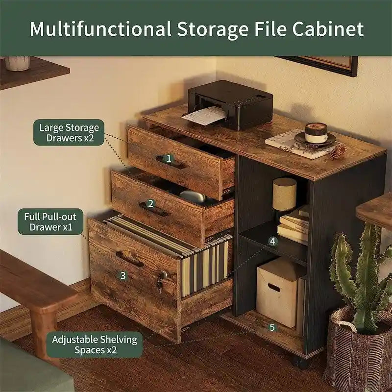 3-Drawer Mobile File Cabinet with Open Shelves and Printer Stand - 31.5W x 14.2D x 25.4H