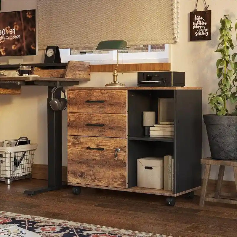 3-Drawer Mobile File Cabinet with Open Shelves and Printer Stand - 31.5W x 14.2D x 25.4H