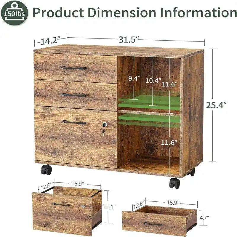 Mobiele Archiefkast met 3 Lades, Open Schappen en Printerstandaard - 80W x 36D x 64.5H