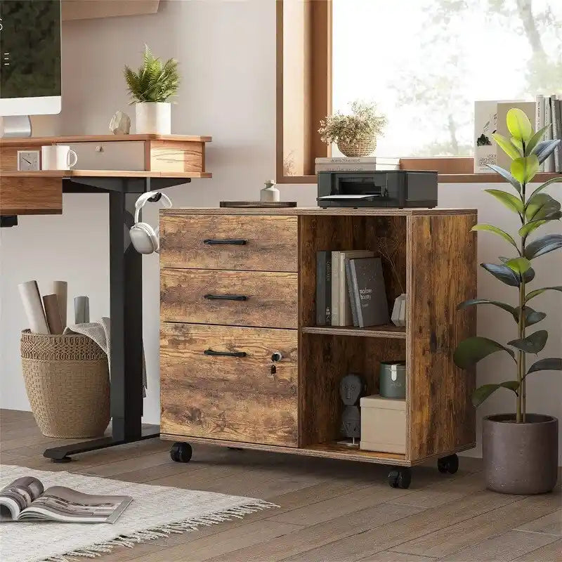 Mobiele Archiefkast met 3 Lades, Open Schappen en Printerstandaard - 80W x 36D x 64.5H