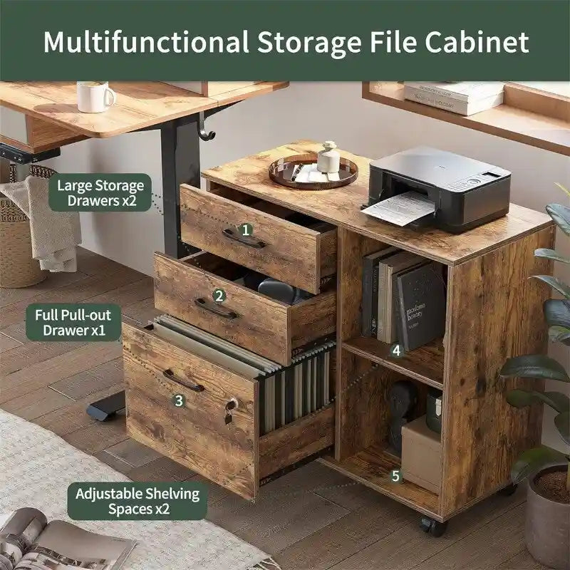 Mobiele Archiefkast met 3 Lades, Open Schappen en Printerstandaard - 80W x 36D x 64.5H