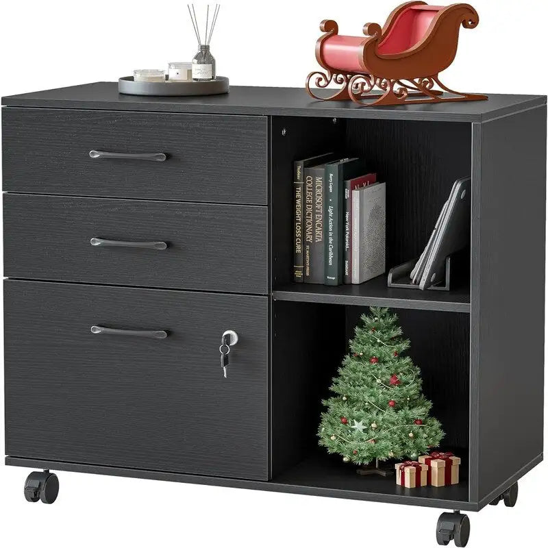 Mobiele Archiefkast met 3 Lades, Open Schappen en Printerstandaard - 80W x 36D x 64.5H