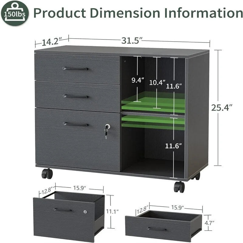 Mobiele Archiefkast met 3 Lades, Open Schappen en Printerstandaard - 80W x 36D x 64.5H