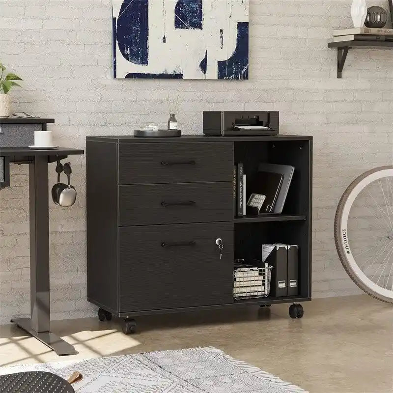 Mobiele Archiefkast met 3 Lades, Open Schappen en Printerstandaard - 80W x 36D x 64.5H