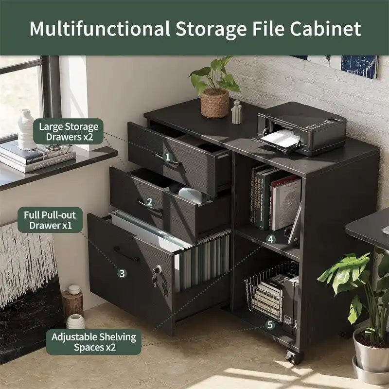 Mobiele Archiefkast met 3 Lades, Open Schappen en Printerstandaard - 80W x 36D x 64.5H