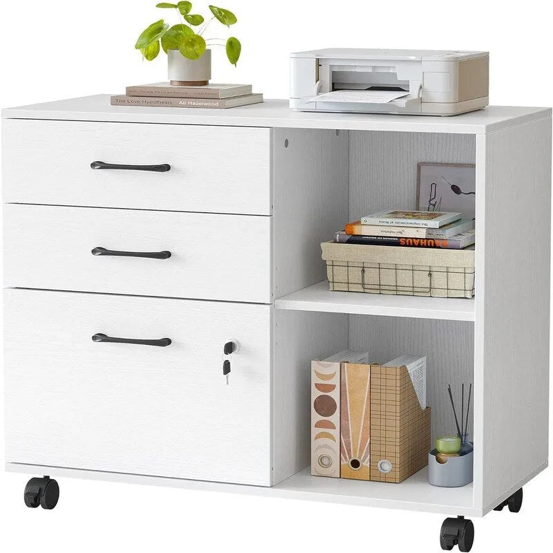 Mobiele Archiefkast met 3 Lades, Open Schappen en Printerstandaard - 80W x 36D x 64.5H