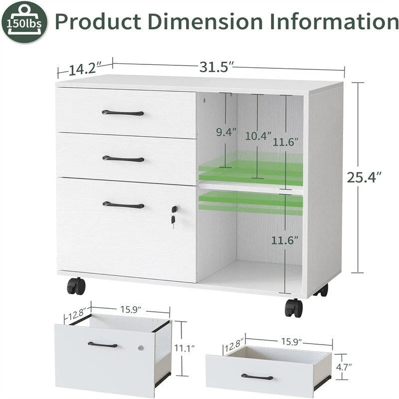 Mobiele Archiefkast met 3 Lades, Open Schappen en Printerstandaard - 80W x 36D x 64.5H