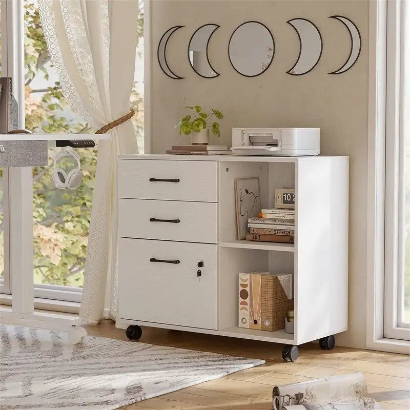 Mobiele Archiefkast met 3 Lades, Open Schappen en Printerstandaard - 80W x 36D x 64.5H