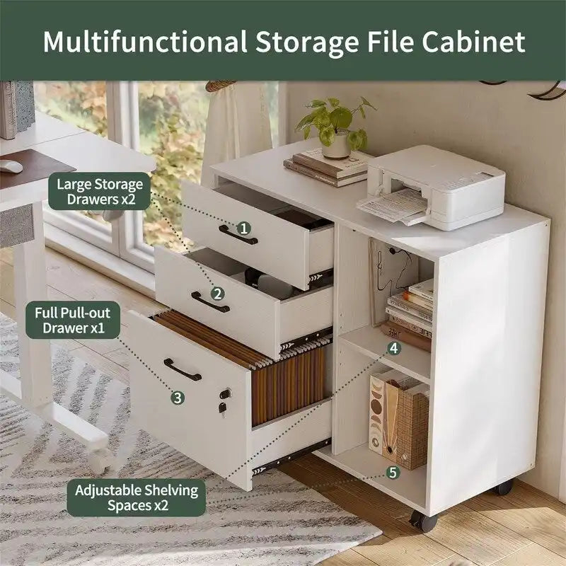 Mobiele Archiefkast met 3 Lades, Open Schappen en Printerstandaard - 80W x 36D x 64.5H