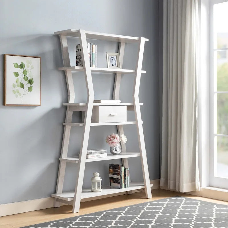4-Tier Open Display Cabinet with Center Drawer and Art Deco Legs - White Oak