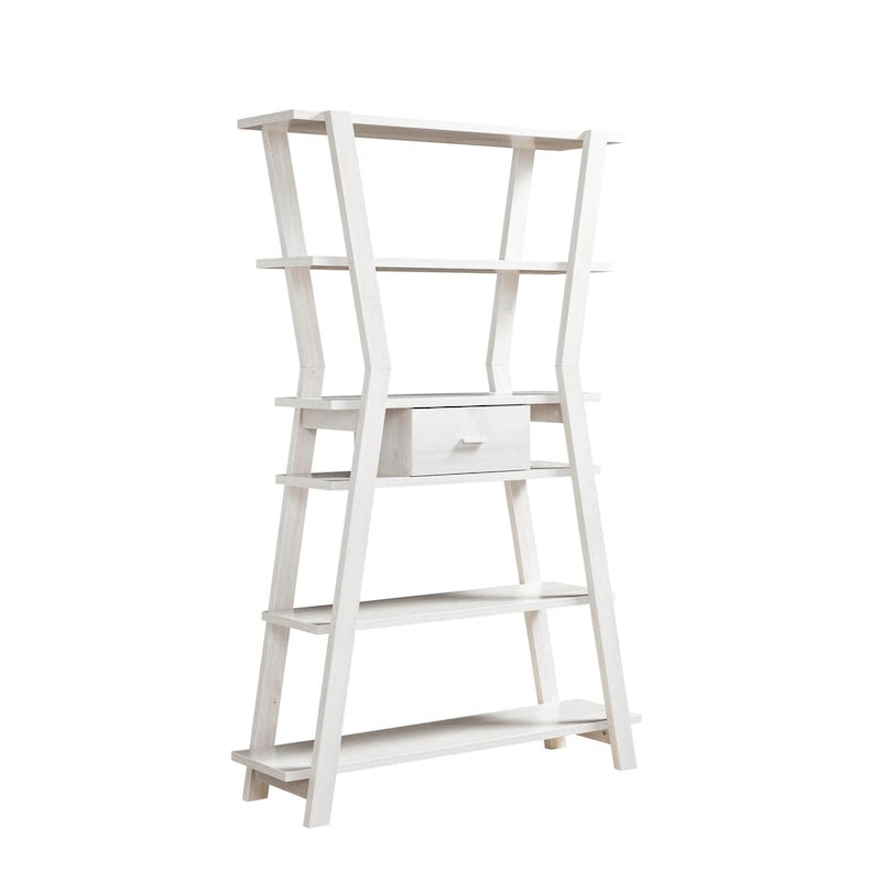 4-Tier Open Display Cabinet with Center Drawer and Art Deco Legs - White Oak