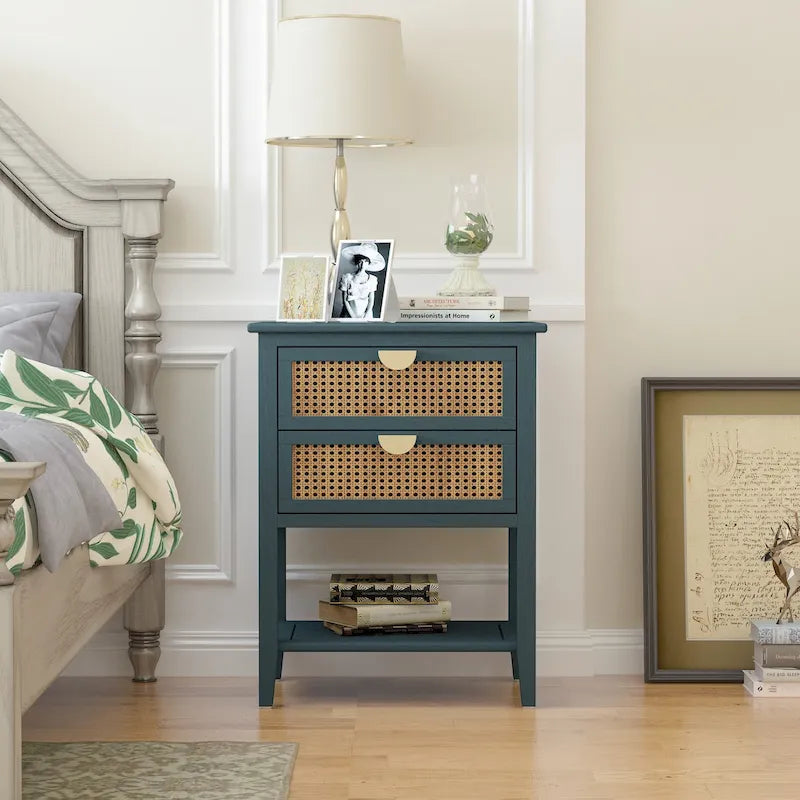 2-Drawer Natural Rattan End Table with Solid Wood Veneer - Bedroom and Living Room