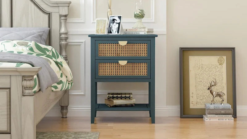 2-Drawer Natural Rattan End Table with Solid Wood Veneer - Bedroom and Living Room