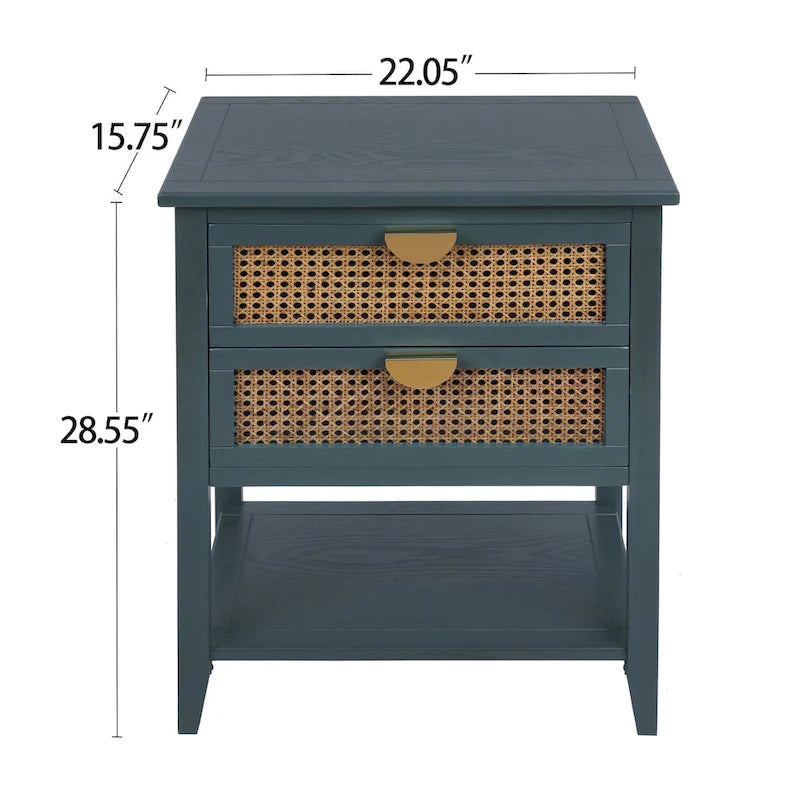 2-Drawer Natural Rattan End Table with Solid Wood Veneer - Bedroom and Living Room
