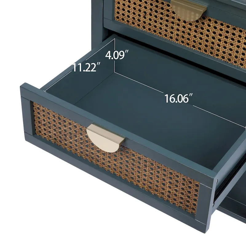 2-Drawer Natural Rattan End Table with Solid Wood Veneer - Bedroom and Living Room