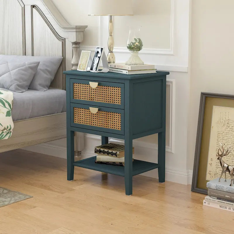 2-Drawer Natural Rattan End Table with Solid Wood Veneer - Bedroom and Living Room