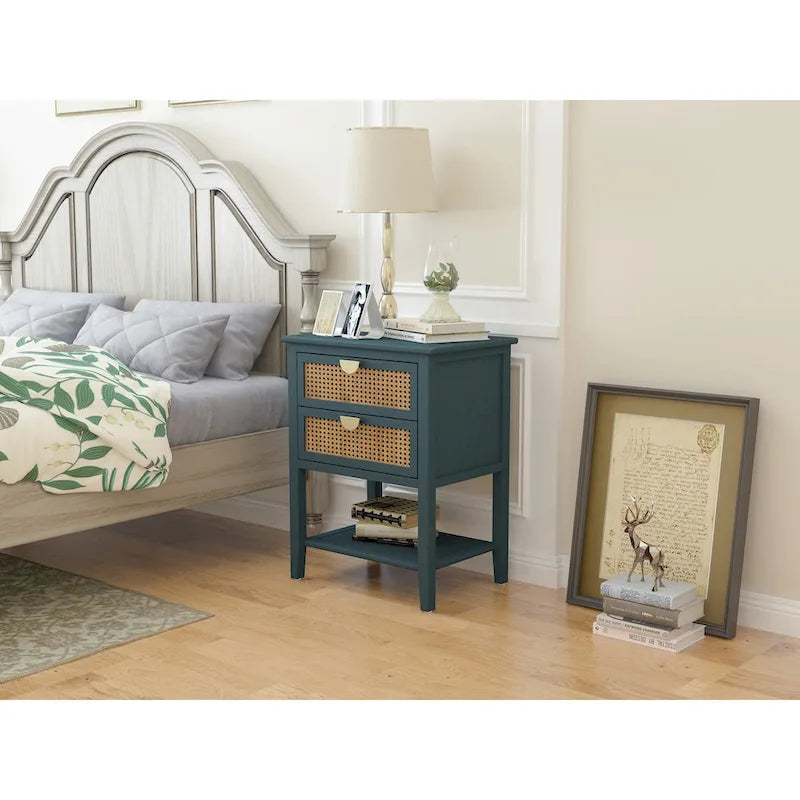 2-Drawer Natural Rattan End Table with Solid Wood Veneer - Bedroom and Living Room