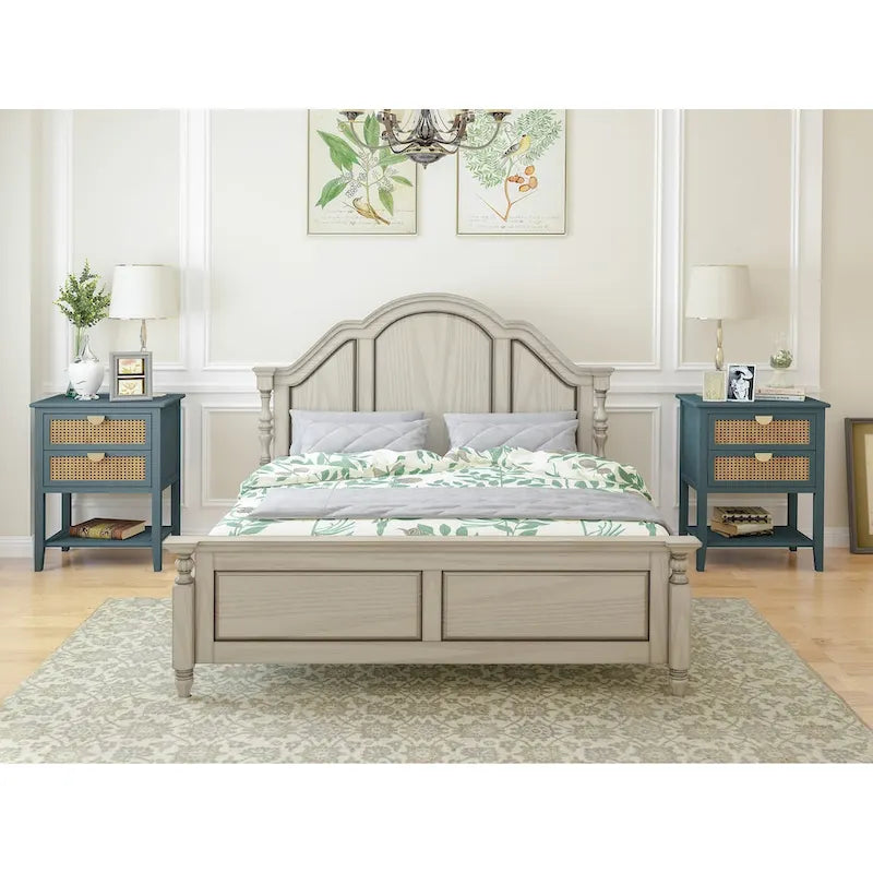 2-Drawer Natural Rattan End Table with Solid Wood Veneer - Bedroom and Living Room