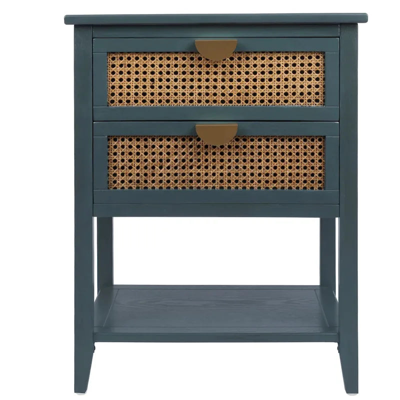 2-Drawer Natural Rattan End Table with Solid Wood Veneer - Bedroom and Living Room
