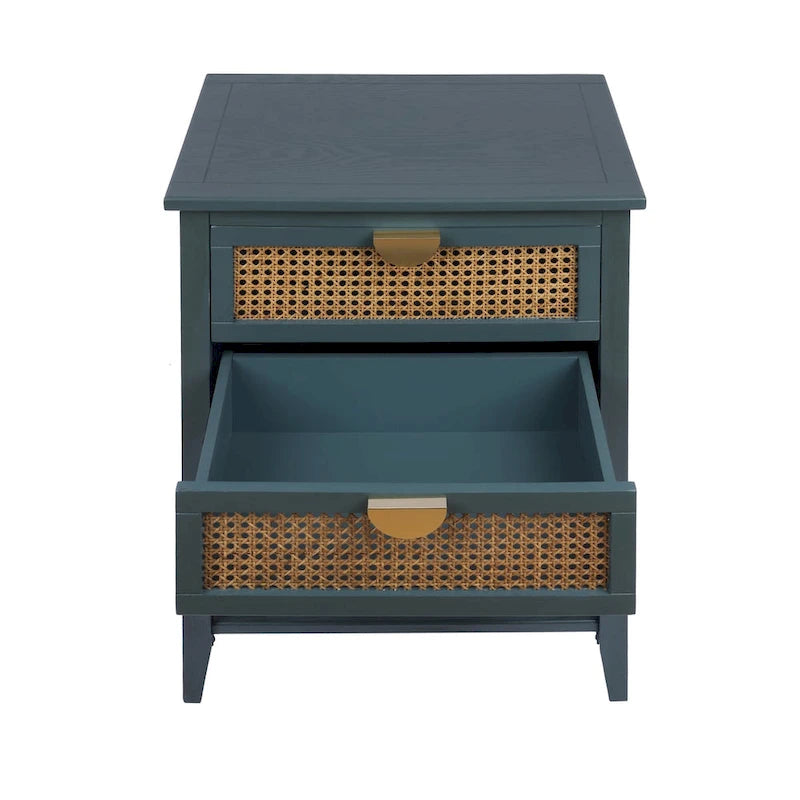 2-Drawer Natural Rattan End Table with Solid Wood Veneer - Bedroom and Living Room
