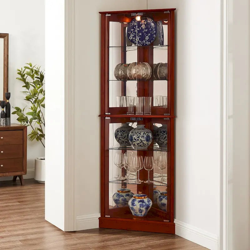 Lighted Corner Curio Cabinet with Mirrored Back and Glass Shelves