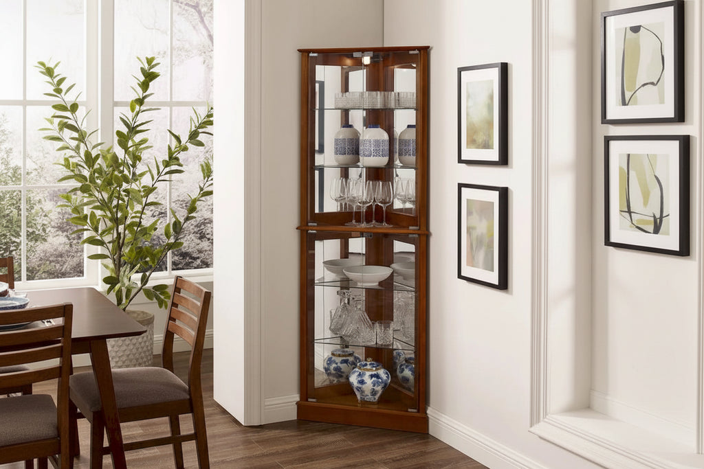 Lighted Corner Curio Cabinet with Mirrored Back and Glass Shelves