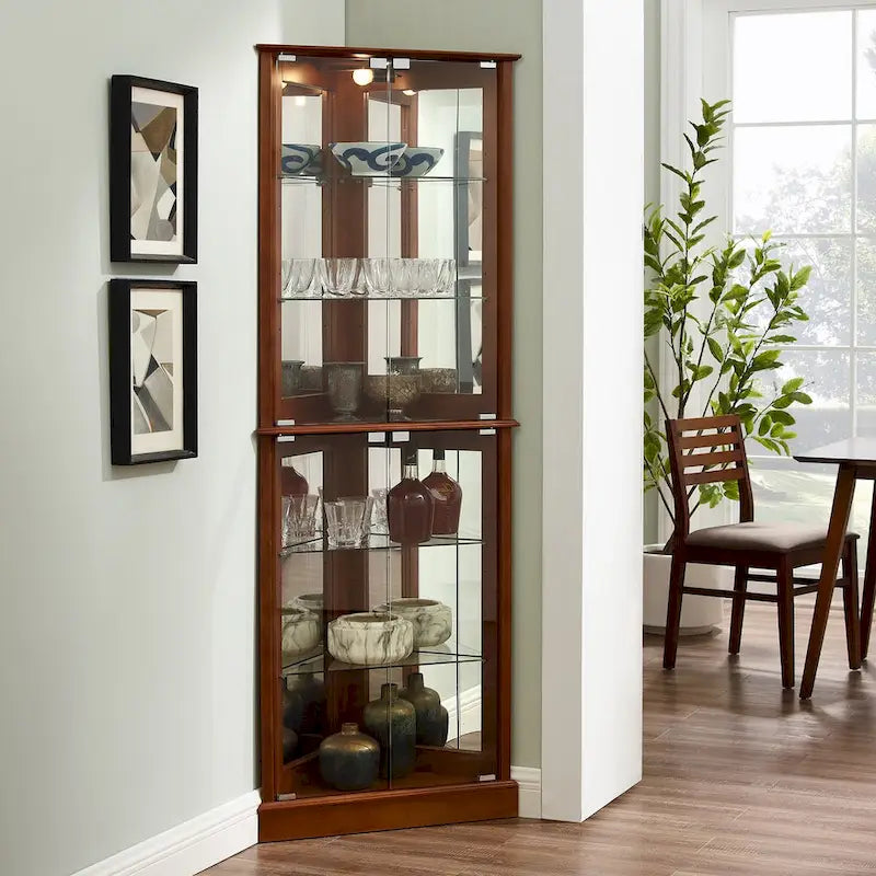 Lighted Corner Curio Cabinet with Mirrored Back and Glass Shelves