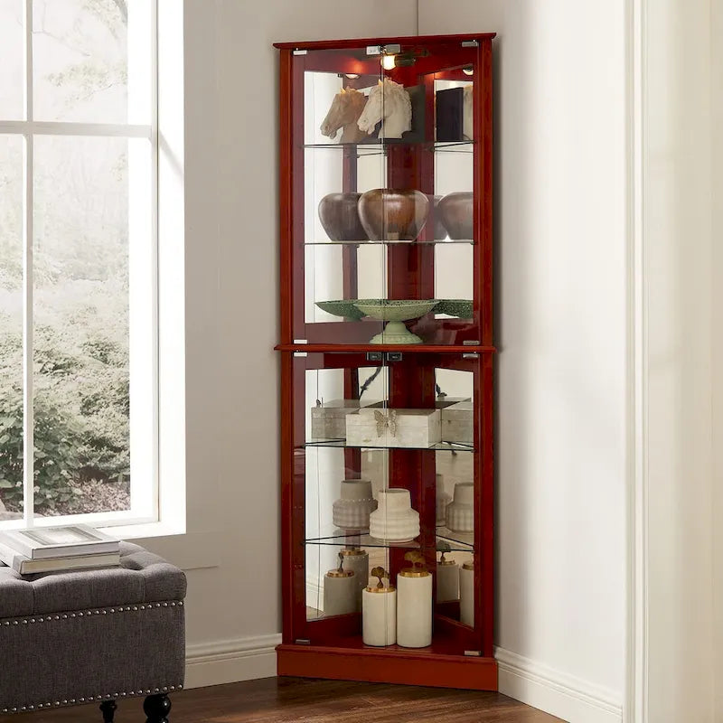 Lighted Corner Curio Cabinet with Mirrored Back and Glass Shelves