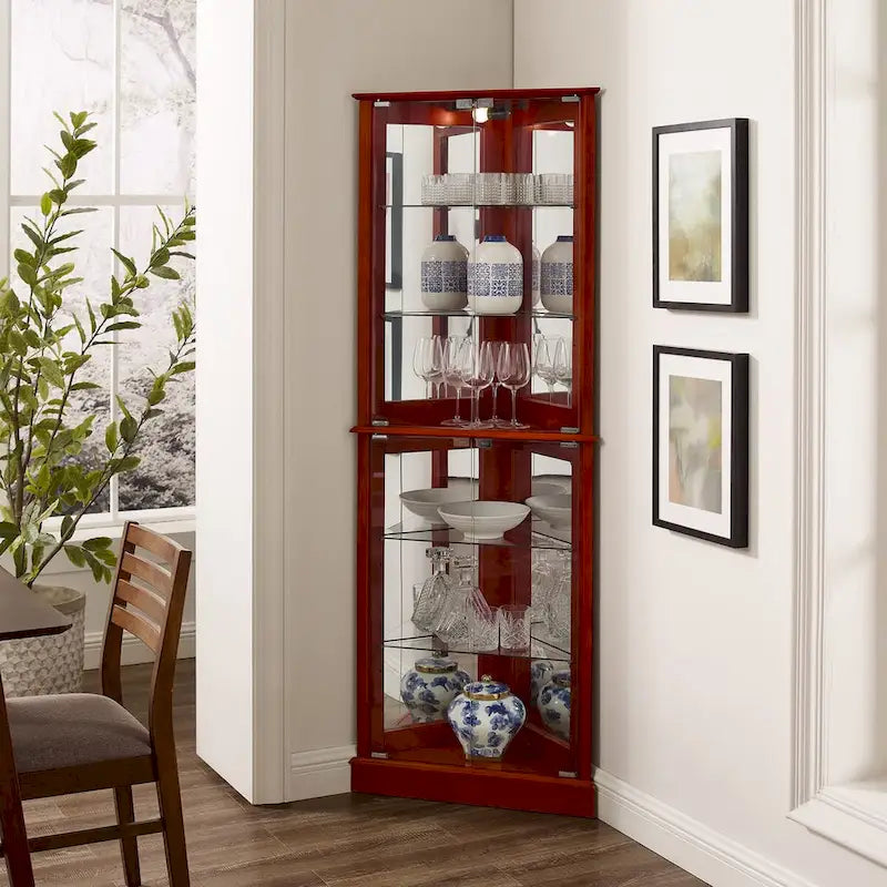 Lighted Corner Curio Cabinet with Mirrored Back and Glass Shelves