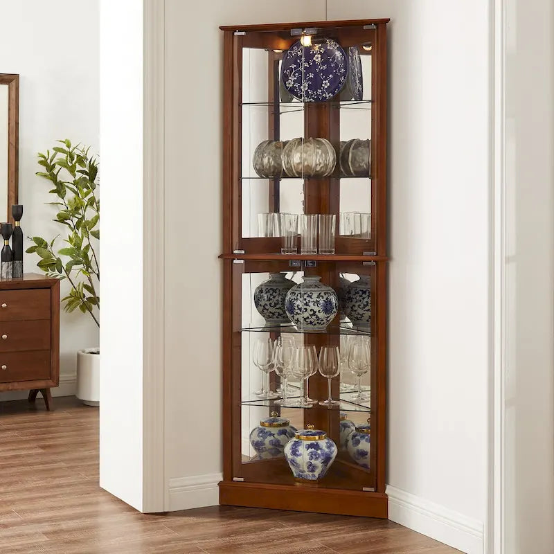 Lighted Corner Curio Cabinet with Mirrored Back and Glass Shelves