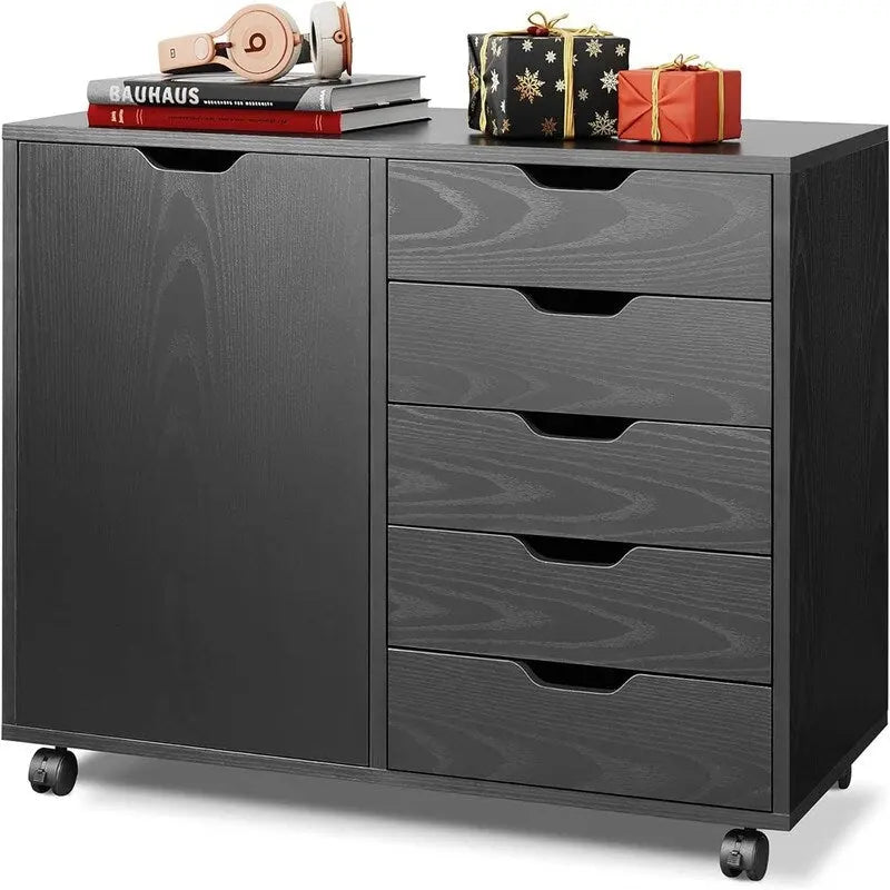 5-Drawer Rolling Dresser Chest with Door Storage - 30.8W x 15.8D x 25.5H