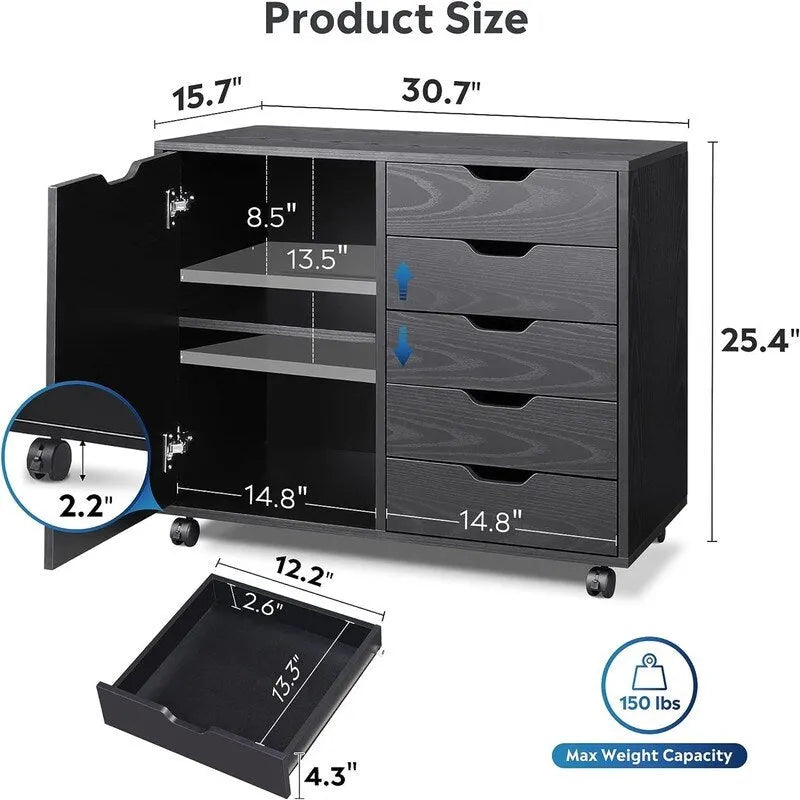 5-Drawer Rolling Dresser Chest with Door Storage - 30.8W x 15.8D x 25.5H