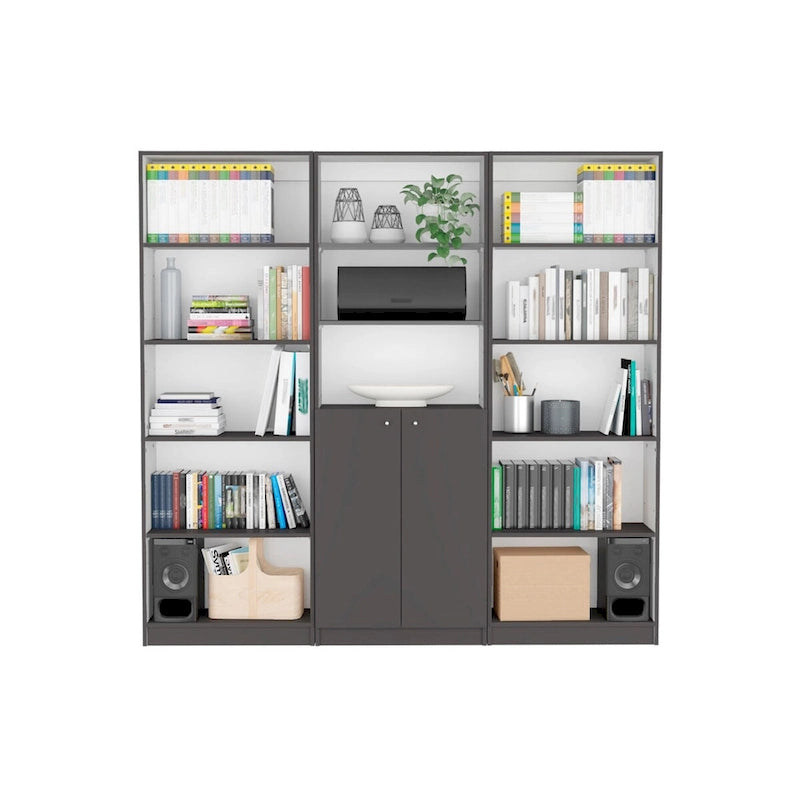 74-Inch Wide 3-Piece Bookcase Set - 15 Shelves, Matt Gray and White