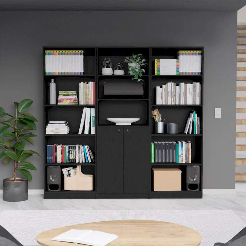 74-inch breed 3-delig boekenkaststel – 15 planken, matgrijs en wit
