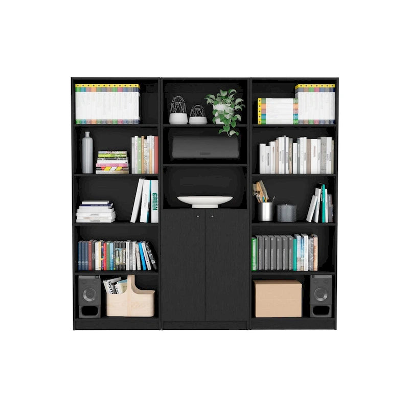 74-inch breed 3-delig boekenkaststel – 15 planken, matgrijs en wit