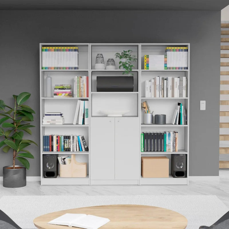 74-inch breed 3-delig boekenkaststel – 15 planken, matgrijs en wit